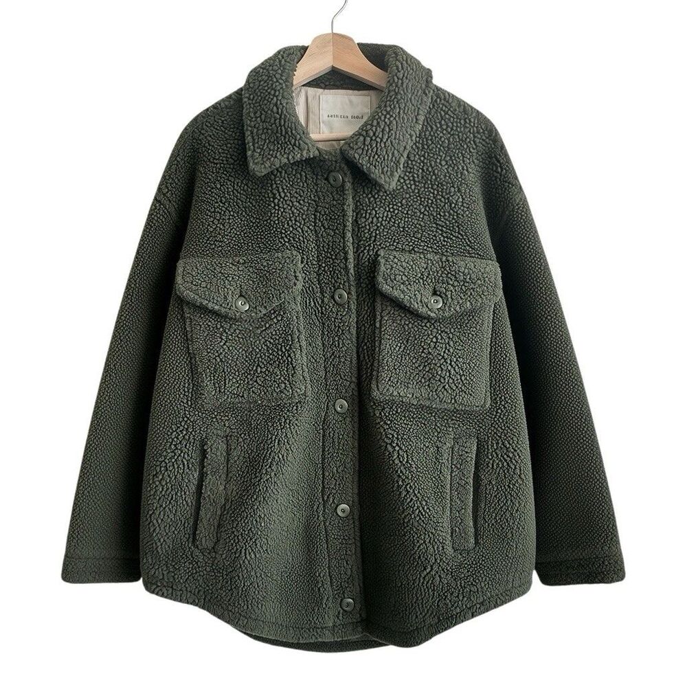 AMERICAN EAGLE Sherpa Fleece Jacket L Green Women’s Button Down Shirt Shacket